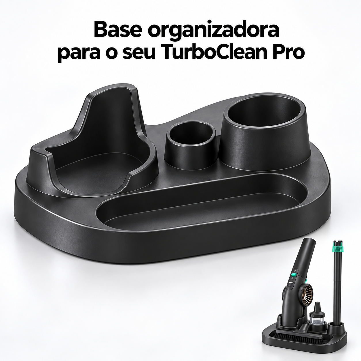 Base organizadora preta com compartimentos para o aparelho e os bicos