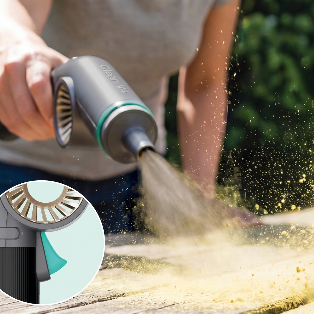 Soprador Clean V4 Rosa soprando a poeira de uma superfície de madeira